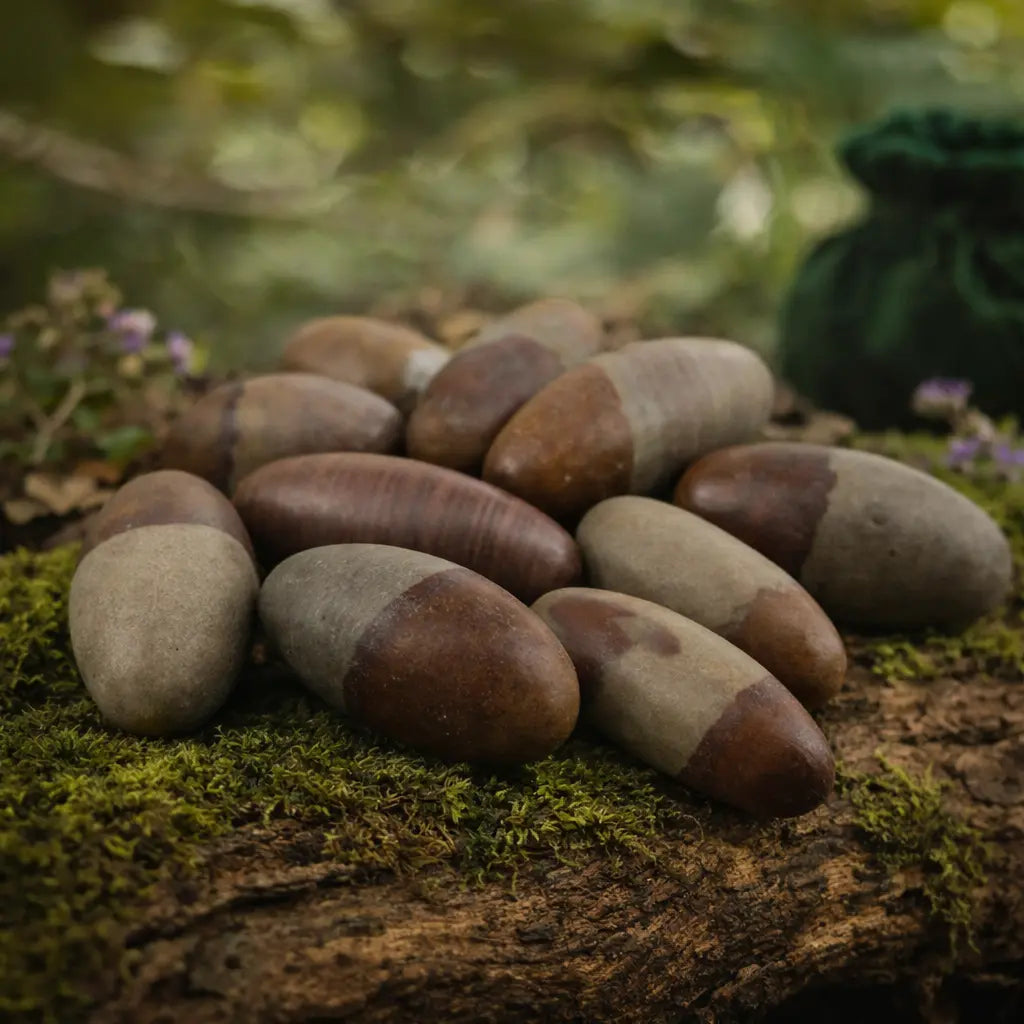 Groupe de pierres sacrées Shiva Lingam de forme ovoïde aux tons terreux, gris et bordeaux, disposées sur un tronc d'arbre recouvert de mousse.