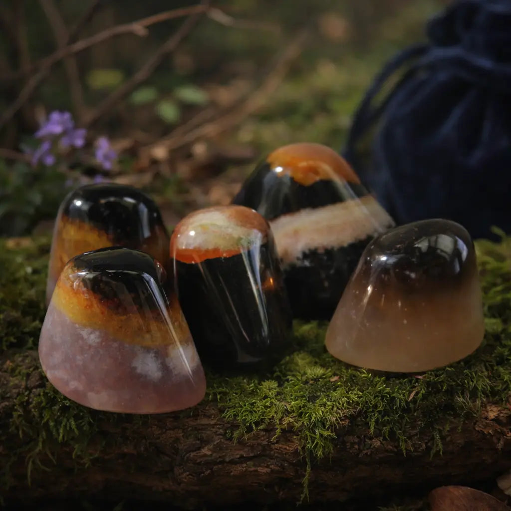 Cinq pierres d'Agate Oeil de Shiva polies, montrant des strates naturelles circulaires noires, brunes et translucides évoquant un œil, posées sur un support moussue.