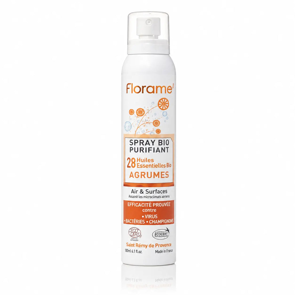 Spray purifiant Florame Agrumes aux 28 huiles essentielles BIO pour air et surfaces.