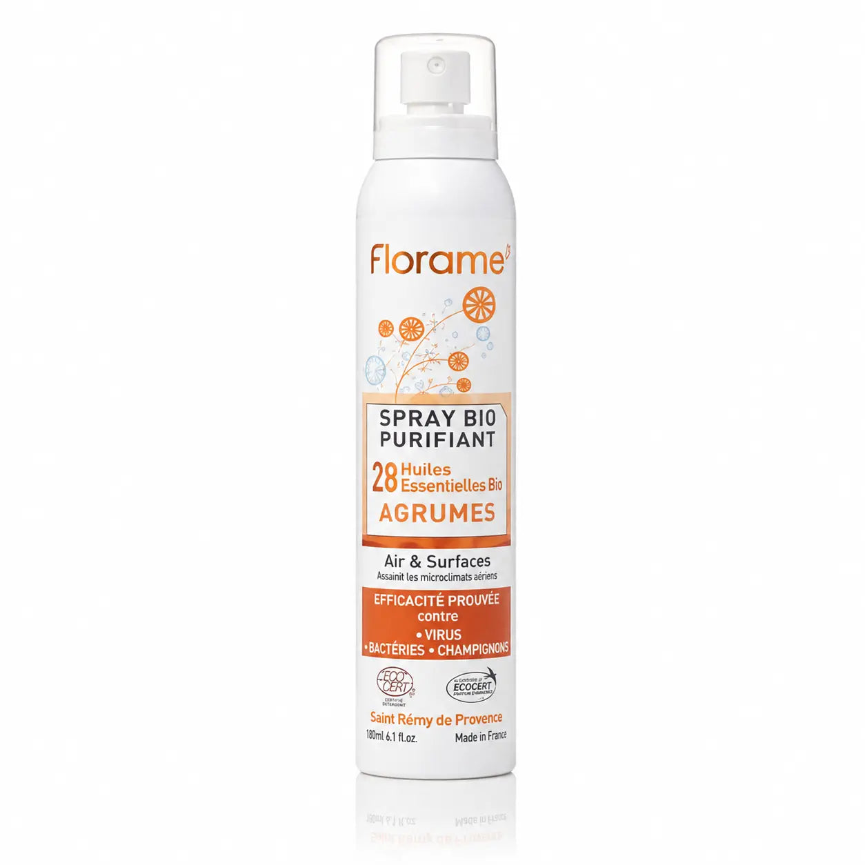 Spray purifiant Florame Agrumes aux 28 huiles essentielles BIO pour air et surfaces.