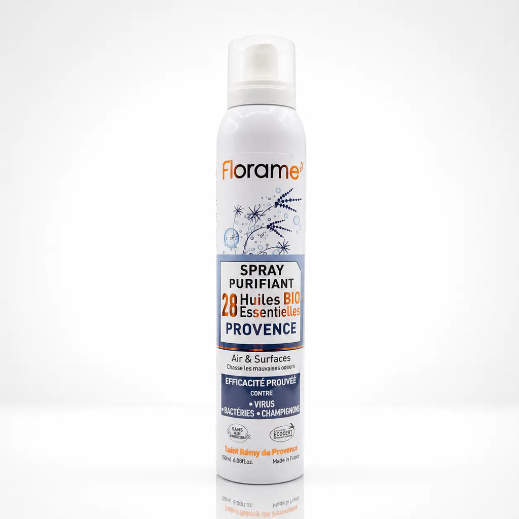 Spray purifiant Florame aux 28 huiles essentielles BIO Provence pour air et surfaces.