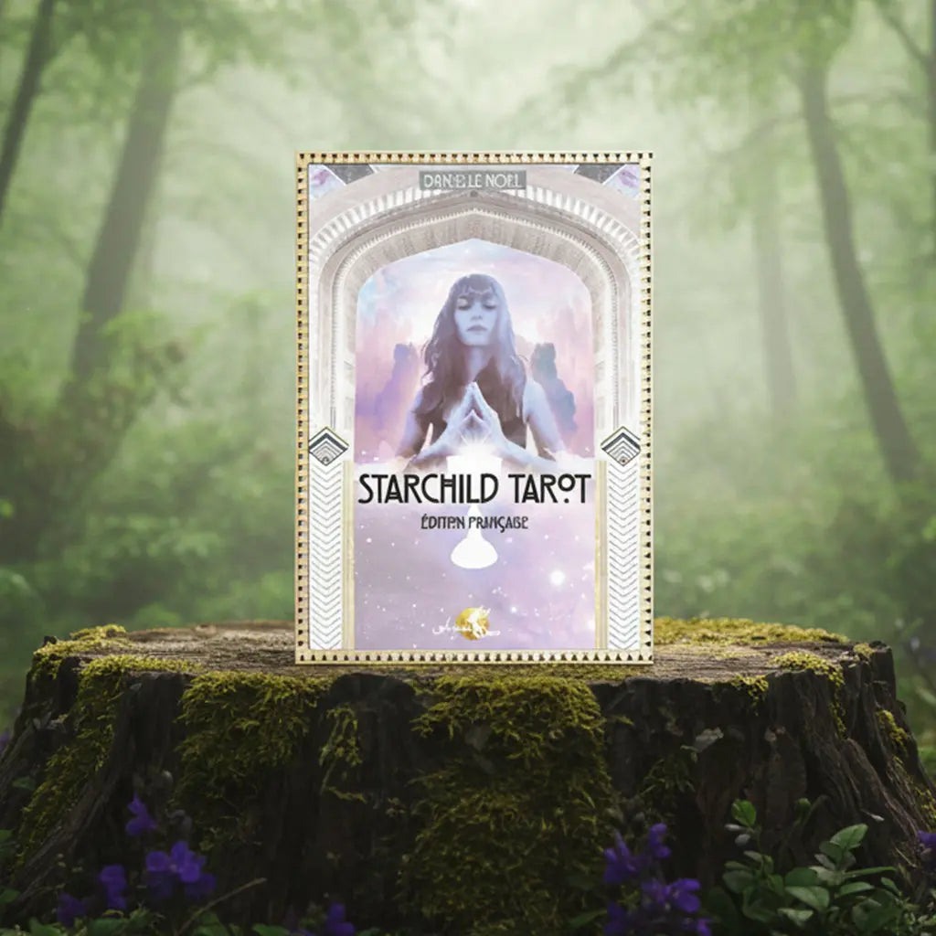 Coffret pastel Starchild Tarot de Danielle Noel posé sur une souche, illustré d'une femme en méditation sous une arche lumineuse et cosmique.
