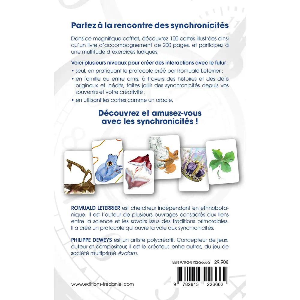 Dos du coffret Synchronicity, présentant le texte explicatif, une rangée de six cartes illustrées et la biographie des auteurs.