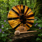 Tambour Unis-Son Isis rond aux motifs rayonnants sombres et dorés comme des ailes déployées, posé sur un tronc moussue avec sa mailloche en bois de frêne.