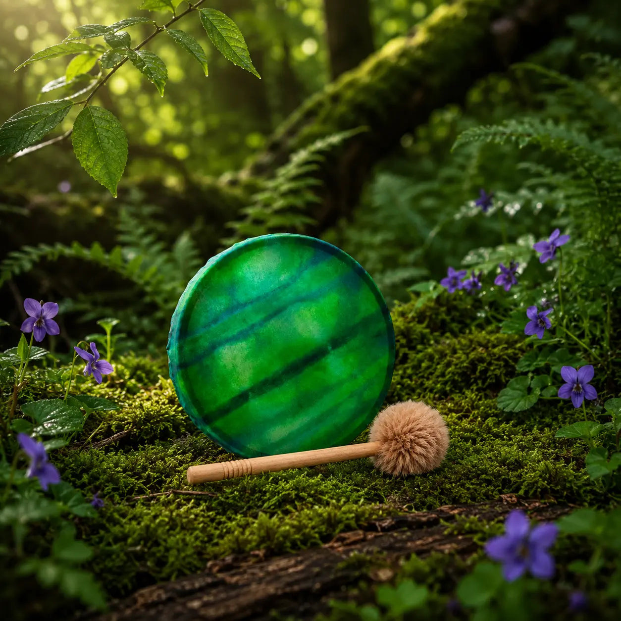 Tambour Unis-Son Bambino Vert de forme circulaire aux nuances vert émeraude et forêt, posé à la verticale sur une souche forestière avec sa mailloche en bois.