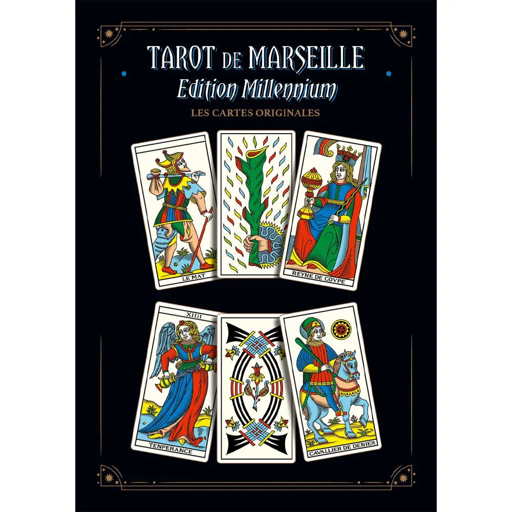 Visuel « Tarot de Marseille – Édition Millennium » sur fond noir, avec six cartes de tarot illustrées.