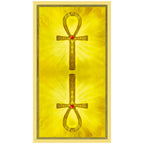 Dos de carte : fond jaune lumineux avec deux croix ansées (ankh) dorées, chacune avec un petit joyau rouge au centre.