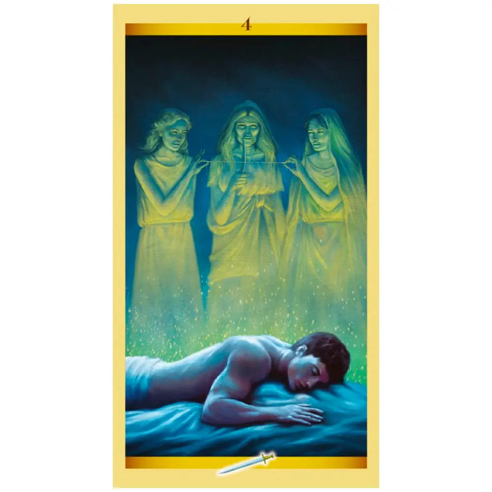 Carte n°4 : un homme endormi au premier plan, avec trois femmes lumineuses en arrière-plan sur fond bleu/vert.