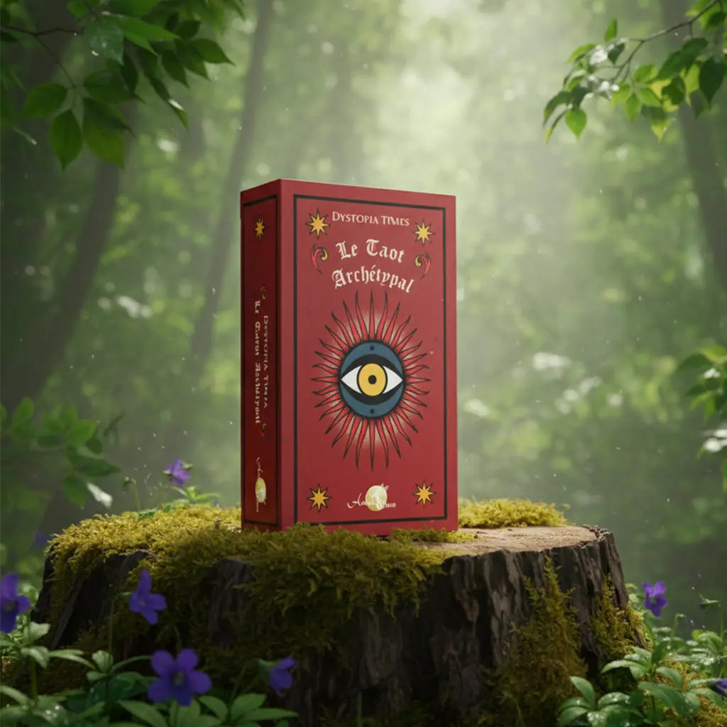 Coffret rouge Le Tarot Archétypal de Dystopia Tinta posé sur une souche, illustré d'un œil mystique ouvert au centre d'un soleil rayonnant style tatouage old school.