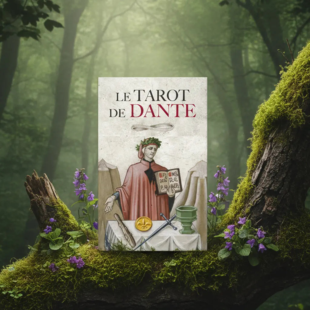 Coffret Le Tarot de Dante de Guido Zibordi Marchesi posé sur une souche, illustré du poète Dante Alighieri devant une table avec les quatre as du tarot dans un style Renaissance.