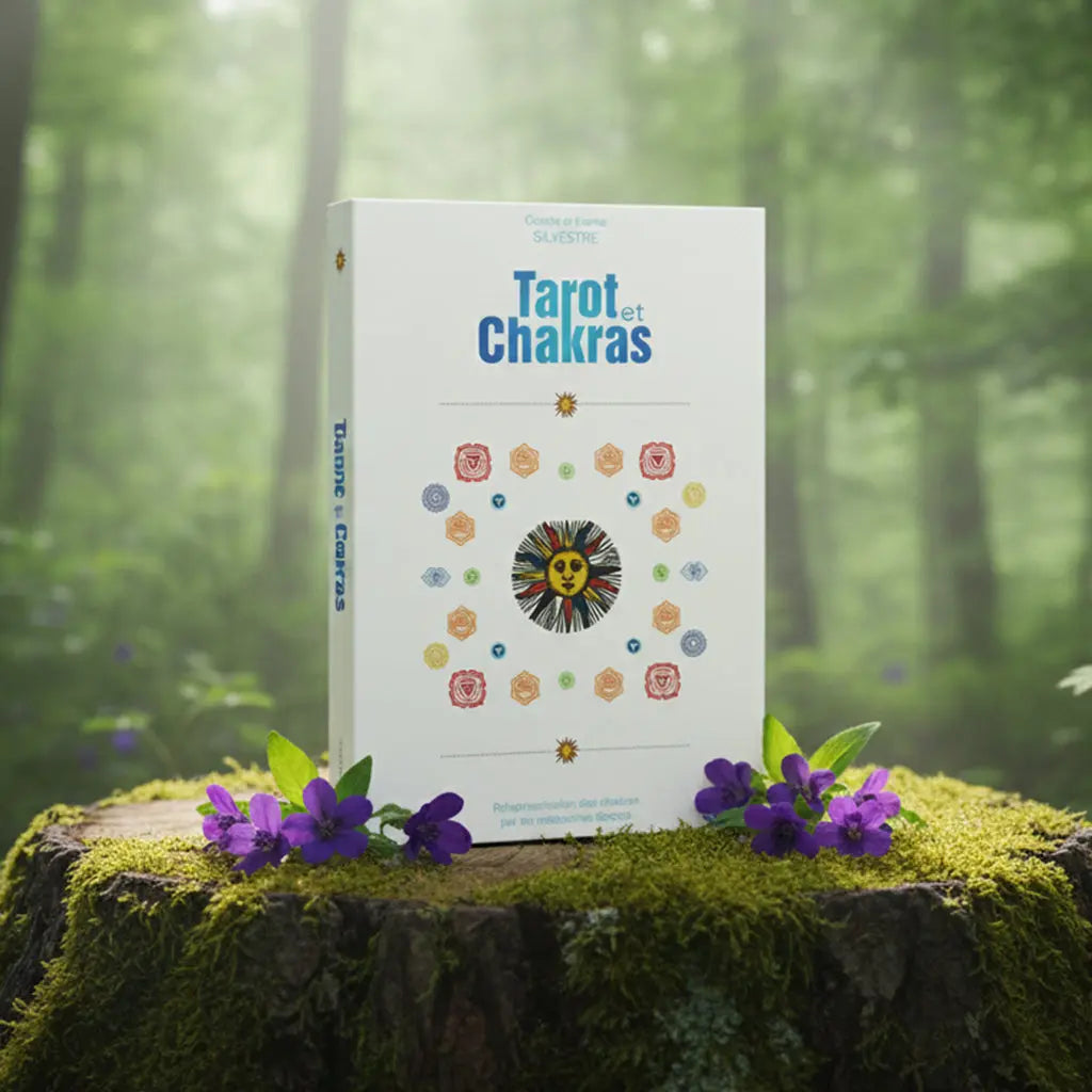 : Couverture blanche du livre Tarot et Chakras de Colette et Karine Silvestre posée sur une souche moussue, illustrée d'un soleil style tarot au centre entouré des sept symboles colorés des chakras reliés entre eux.