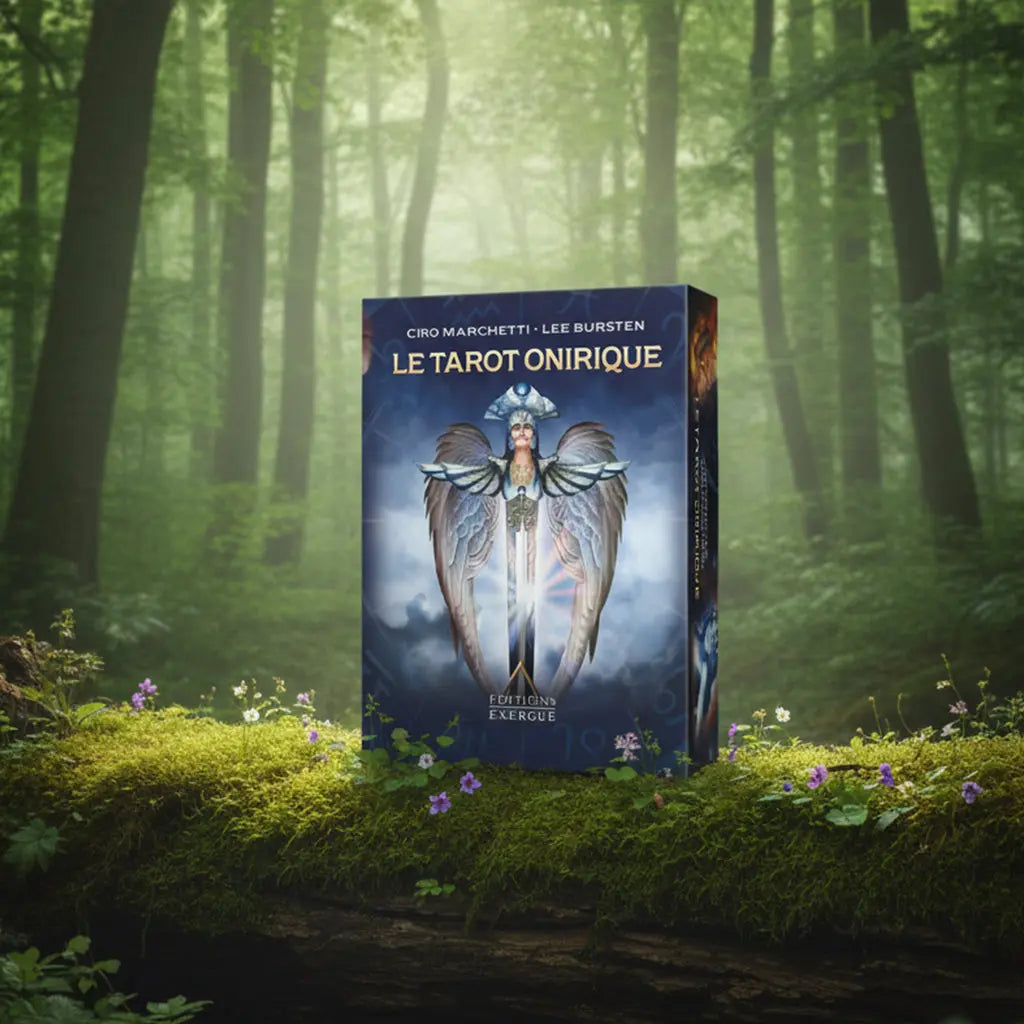 Coffret bleu nuit Le Tarot Onirique de Ciro Marchetti posé sur une souche, illustré d'une figure angélique ailée tenant une épée lumineuse.