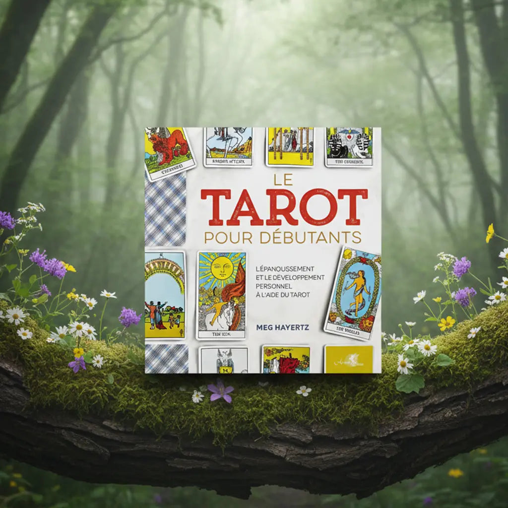 Livre carré au fond blanc Le Tarot pour Débutants de Meg Hayertz posé sur une souche, illustré d'un collage de cartes Rider-Waite colorées (Soleil, Monde).