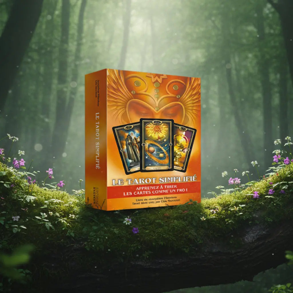 Coffret orange Le Tarot Simplifié de Josephine Ellershaw posé sur une souche, illustré d'un masque solaire ailé et de trois cartes du Tarot Doré par Ciro Marchetti.
