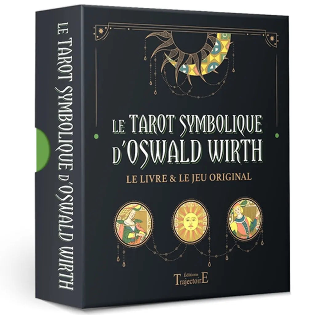 Coffret « Le Tarot symbolique d’Oswald Wirth », fond noir avec motifs dorés et trois médaillons illustrés.