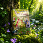 Boîte du coffret The Sweetness of Lenormand d'Angélique Voyance posée sur un talus de mousse verte dans une forêt lumineuse, près d'un ruisseau.