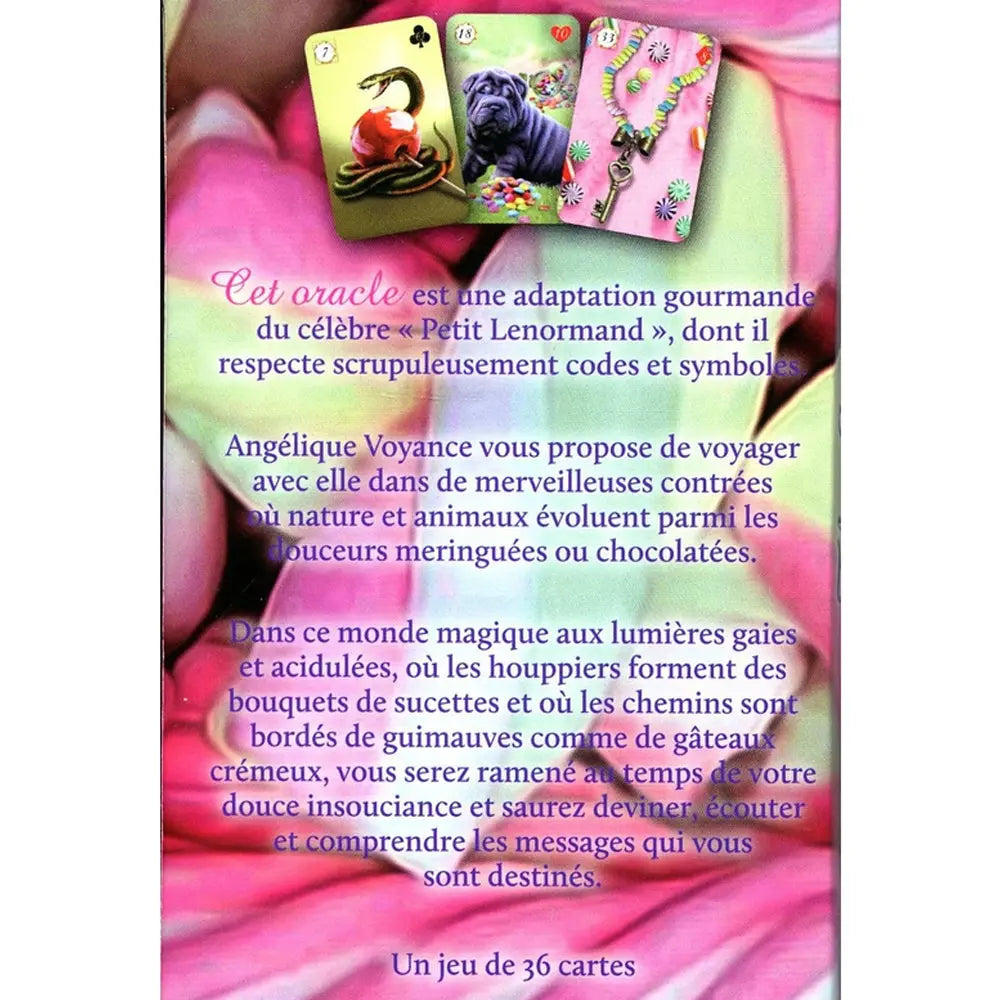 Dos du coffret, présentant le texte explicatif de l'oracle sur un fond fleuri rose et vert, surmonté de trois cartes illustrées avec un serpent, un chien et une clé.