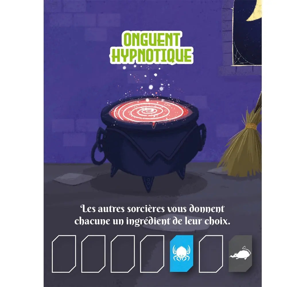 Carte illustrée du jeu Top Witch représentant un chaudron noir contenant un liquide rouge hypnotique à spirale, surmonté de l'inscription Onguent hypnotique et de règles de jeu.