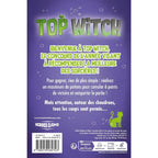 Dos de la boîte du jeu Top Witch, présentant les règles textuelles sur fond violet avec des bulles, le logo de l'éditeur et la silhouette d'un chat vert.