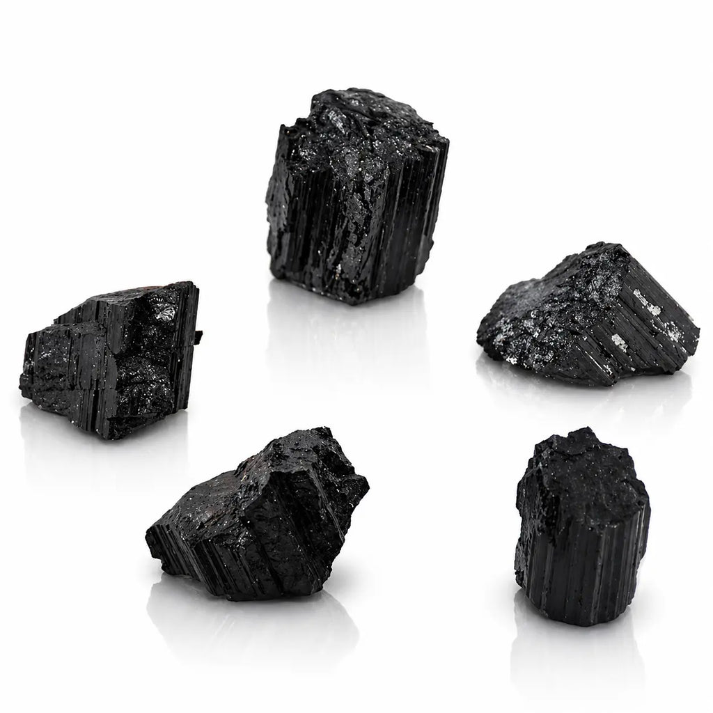 Groupe de cinq pierres de tourmaline noire brute montrant des structures fibreuses et striées sur fond blanc.