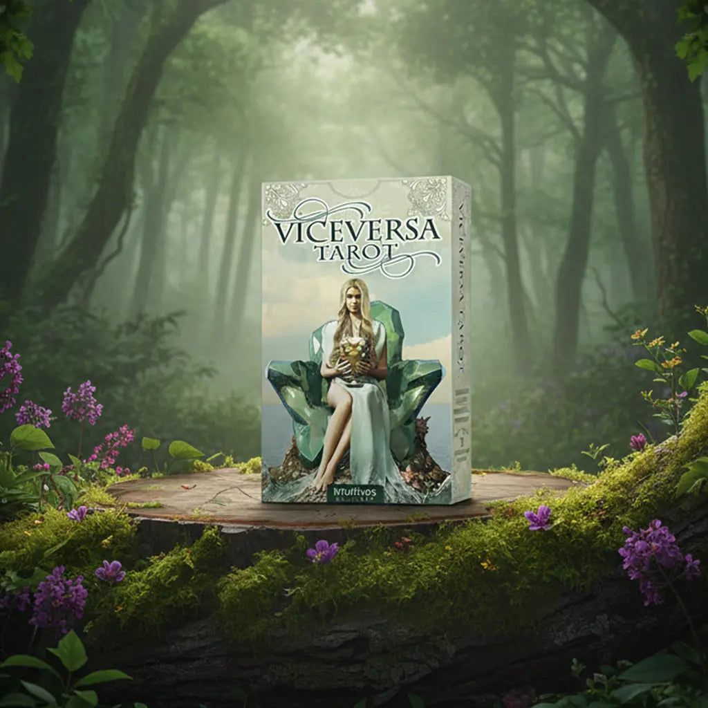 Boîte vert pâle Vice Versa Tarot posée sur une souche, illustrée d'une reine sur un trône de cristal par Davide Corsi.