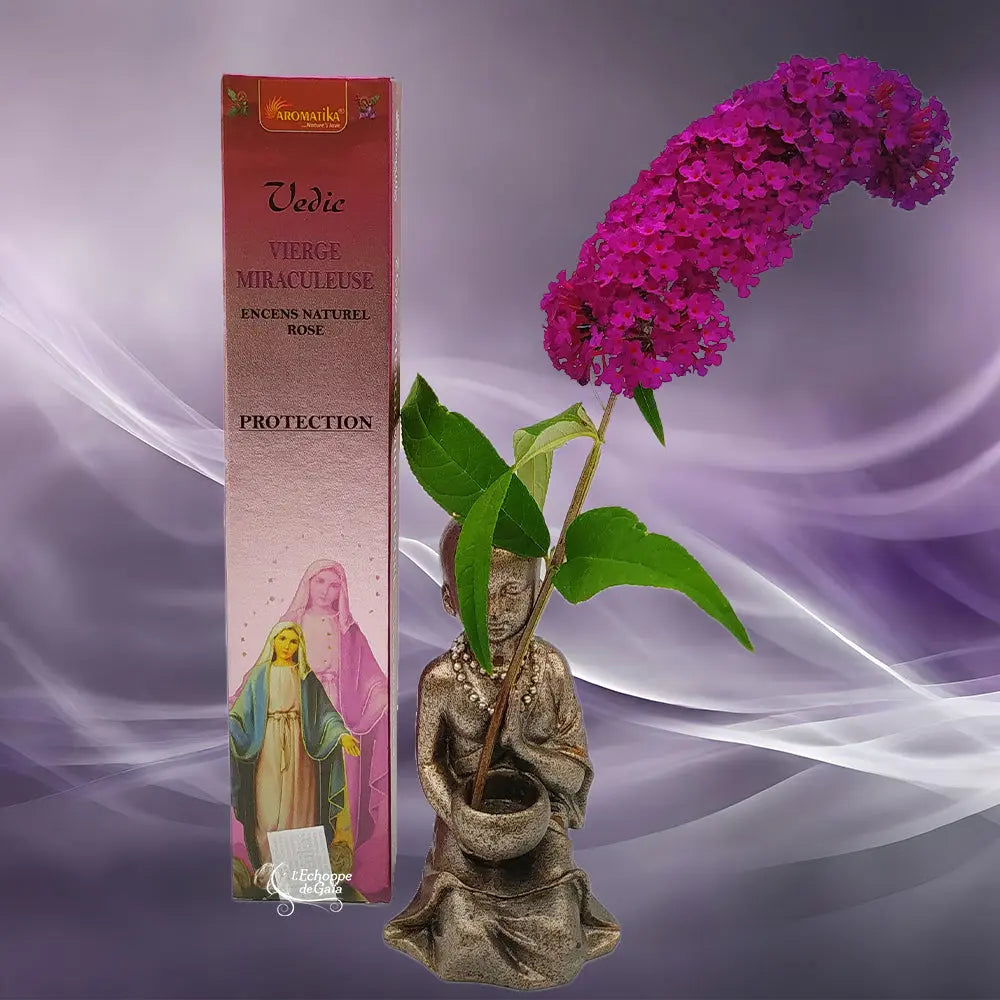 Boîte d'encens naturel Vedic Vierge Miraculeuse rose avec illustration de la Vierge Marie, statuette de moine et fleur violette sur fond mauve