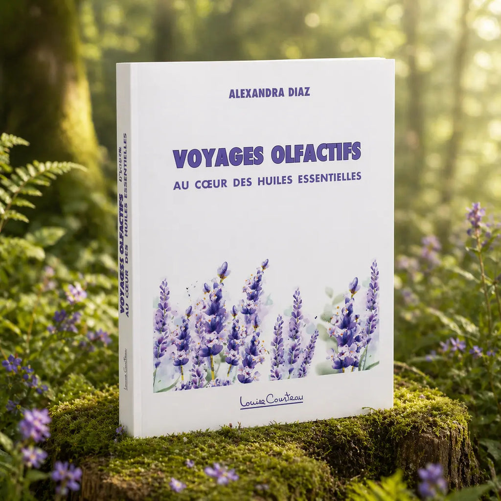 Livre Voyages Olfactifs d'Alexandra Diaz posé en forêt, illustré d'un profil de femme dont les cheveux s'évaporent en fleurs colorées.