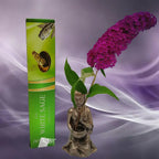 Boîte d'encens naturel Vedic White Sage verte avec illustration de bouquets de sauge séchée, statuette de moine et fleur violette sur fond mauve