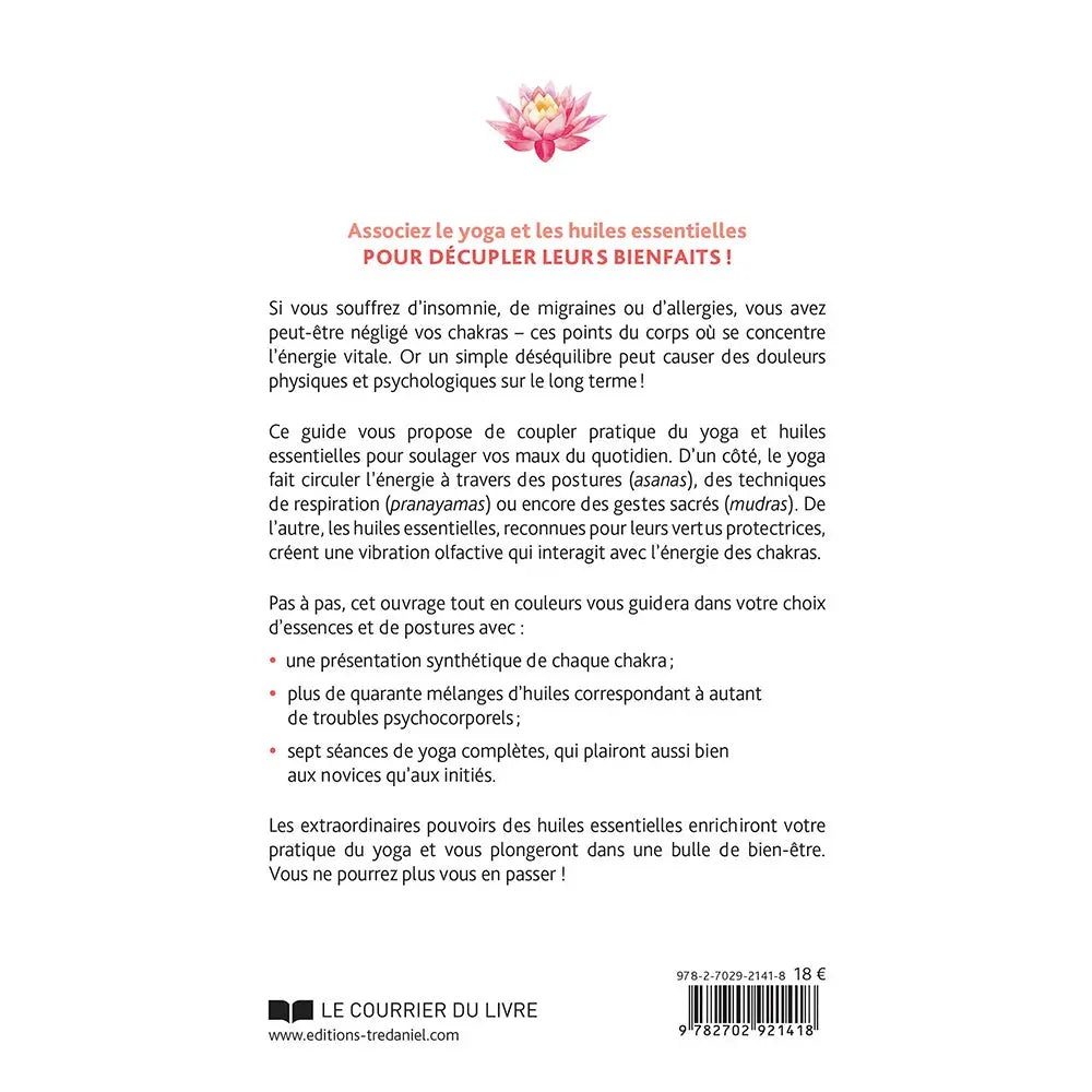 Quatrième de couverture du livre "Yoga et huiles essentielles" avec résumé et points clés du guide.